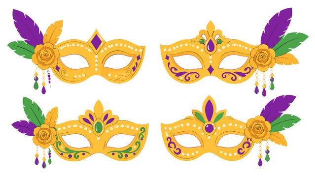 Set of ornate carnival masks with feathers and flowers
