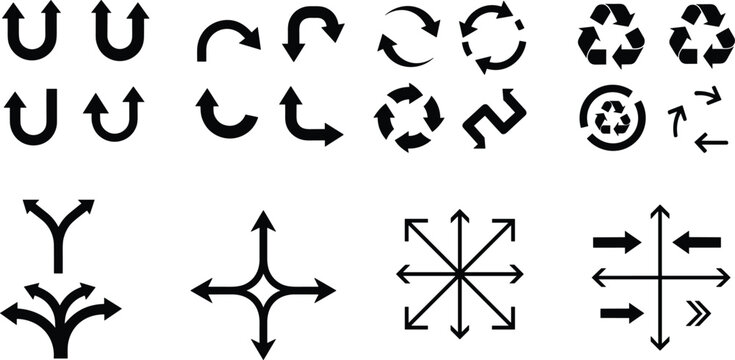 Versatile vector arrow icon set featuring recycling symbols, multidirectional navigation pointers, circular loops, and split flow path indicators