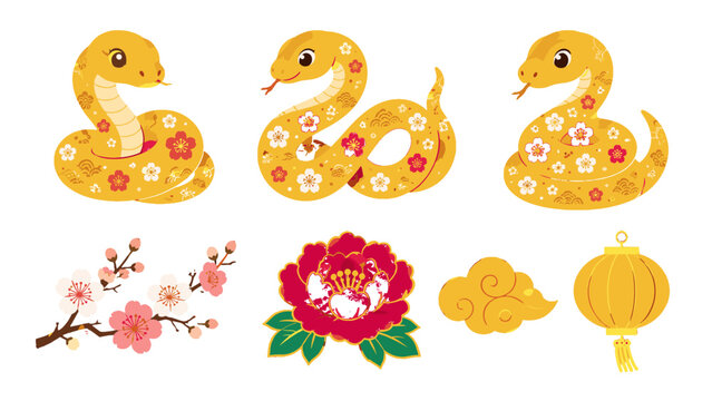 Set of decorative golden snake and floral vector elements