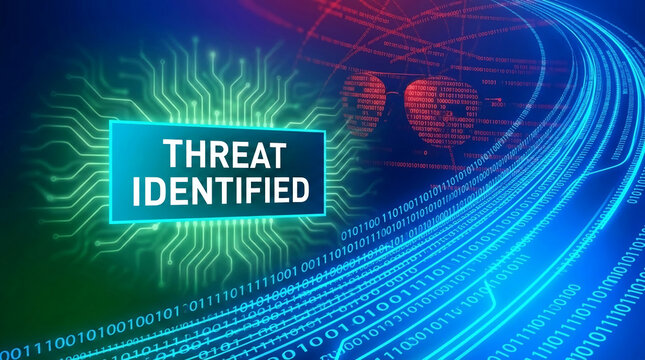 Digital alert highlights threat identified amid flowing binary code and circuit board patterns, symbolizing cybersecurity and data security