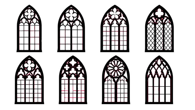 Set of gothic arched window silhouettes with ornate tracery