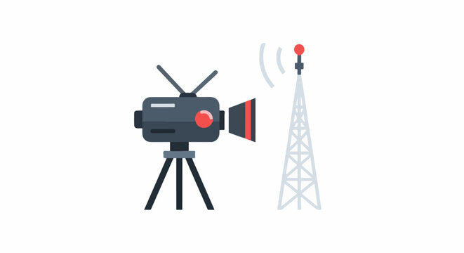 A video camera on a tripod transmits a signal to a tall antenna tower