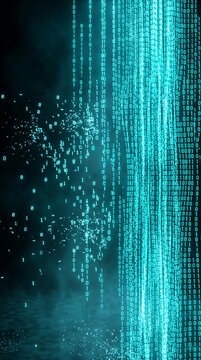 Turquoise binary code cascades and fragments against a dark, smoky background, symbolizing digital information flow, data, and technology