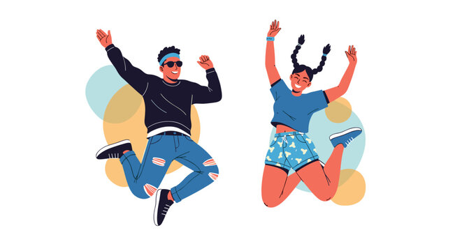 Energetic young man and woman jump high with joy and excitement against a minimalist background featuring colorful abstract geometric shapes.