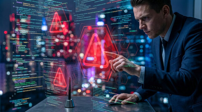 Man interacting with holographic code, red warning icons appear, symbolizing cybersecurity threats, data breach, or system alert in a tech concept