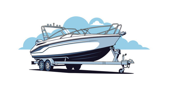 Large modern motorboat is secured on a silver metal trailer with multiple wheels for transport against a background of blue clouds and sky.
