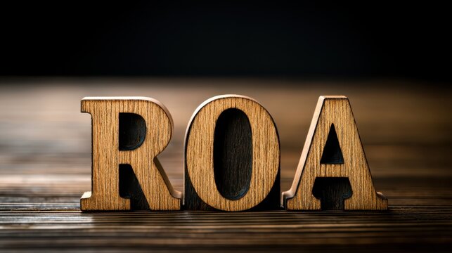 Macro close-up of wooden ROA letter blocks on a polished table with warm dramatic low-key lighting, textured grain and rustic business concept for finance and accounting visuals