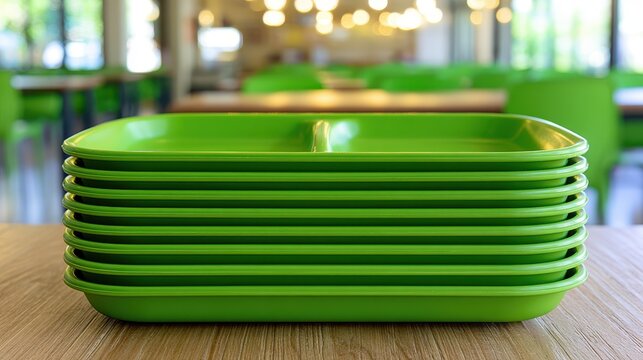 Stack of bright green plastic compartment trays neatly piled on a wooden table in a blurred cafeteria dining hall, clean organized school lunchroom atmosphere