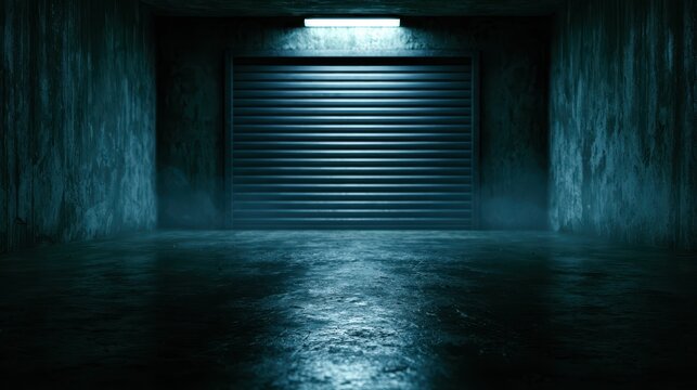Moody industrial garage interior with closed metal roll-up door, wet concrete floor, teal cinematic lighting and foggy atmospheric shadows