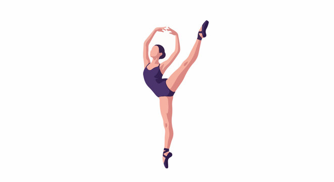 Elegant dancer in a deep purple leotard performs a high leg extension