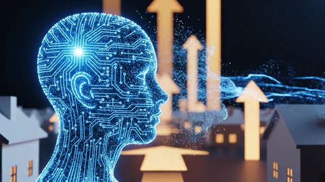 AI-powered smart city and real estate analytics with digital human interface, big data visualization, predictive technology, property market trends, and future urban innovation.
