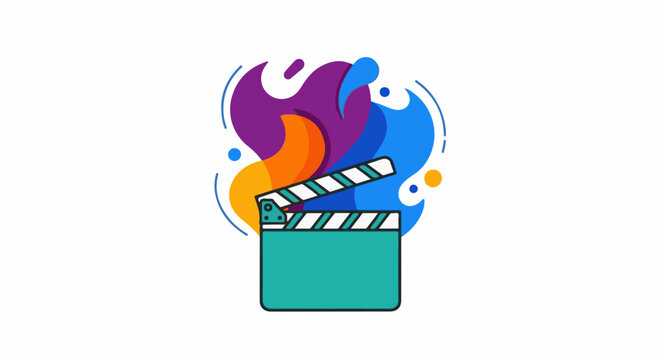 Colorful abstract shapes emanate from a turquoise film clapperboard