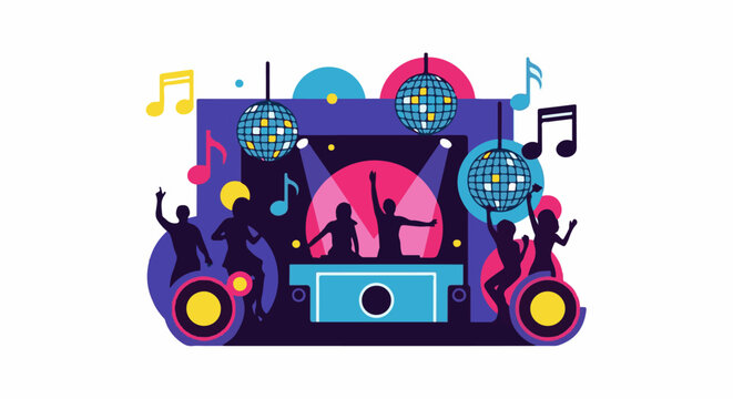 Animated dancers move under disco balls and musical notes at a vibrant party