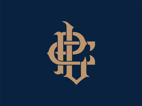 Intertwined monogram logo featuring golden letters p, c  and l on a dark blue background monogram typography intertwined initials alphabet identity branding decorative minimalist corporate