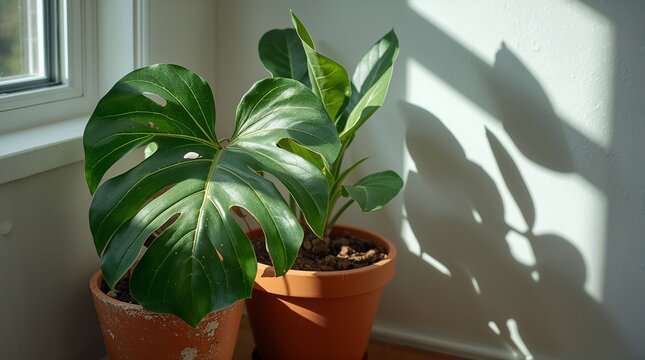 本物の毛羽立ちや葉脈まで再現された、超リアルなマクロ撮影の観葉植物とテラコッタ鉢のインテリア素材