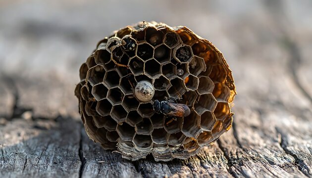 A wasp nest on a wooden surface