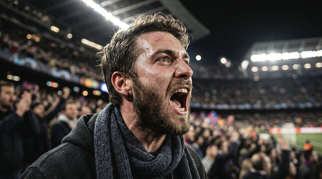 Passionate Male Football Fan Screaming with Joy in Crowded Stadium During Night Match