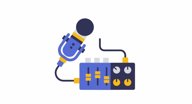 Flat illustration of a blue microphone connected to a mixing board with sliders and knobs