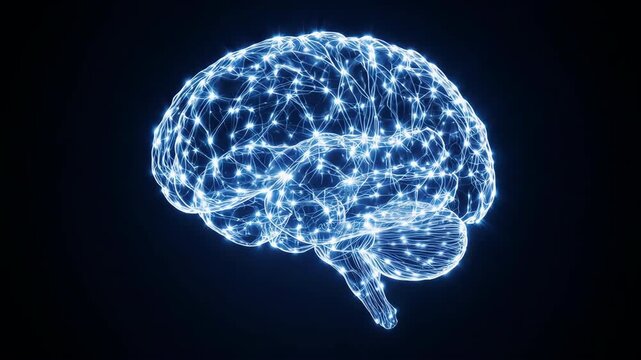 human brain model with glowing synoptic connections pulsing with blue and white light