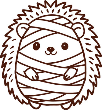 Outline of Cute Mummy Hedgehog Wrapped in Bandages Halloween Illustration