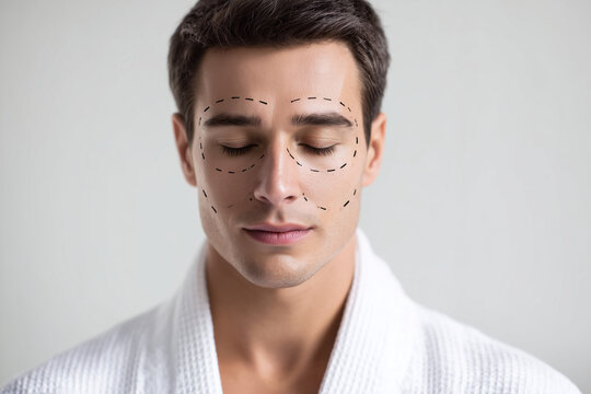 Male patient with preoperative facial markings before cosmetic surgery, facial harmonization treatment, plastic surgeon assessment, aesthetic enhancement planning