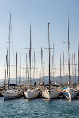 Obraz premium White sailboats and yachts moored in a calm harbor marina