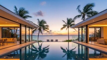 Fototapeta premium Modern luxury villa with infinity pool overlooking tropical ocean sunset