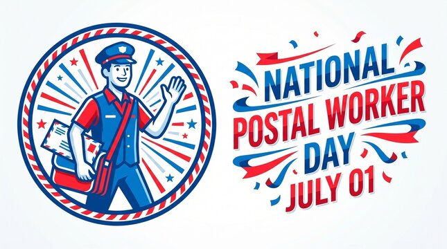 National postal worker day july 01 with mail carrier and red and blue starburst background