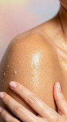 Fototapeta premium Close-up of glistening skin with water droplets and gold shimmer, symbolizing hydration, luxury, and radiant beauty, suitable for skincare or cosmetic concepts