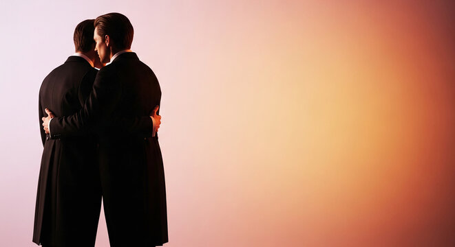 Two men in black suits embrace against a soft gradient background, symbolizing unity, partnership, and support, suitable for business or relationship themes