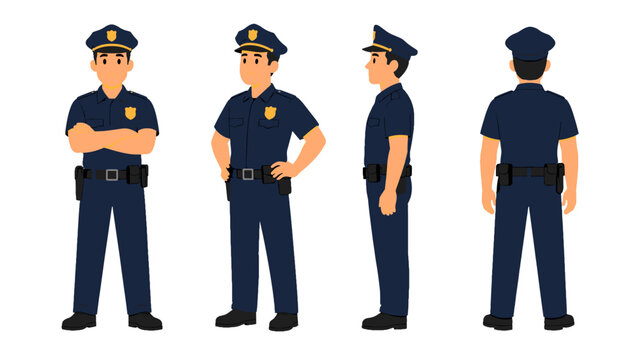 Police officer character in uniform shown from multiple views