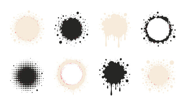 Set of grunge paint splatter circles and ink frame elements