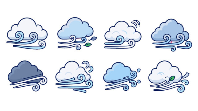 Set of stylized windy cloud weather icons in blue outline