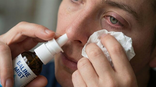 Close-up, woman with red eyes using saline mist and tissue to relieve nasal discomfort be illness