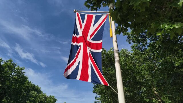 United kingdom union jack flag waving on Blue Sky