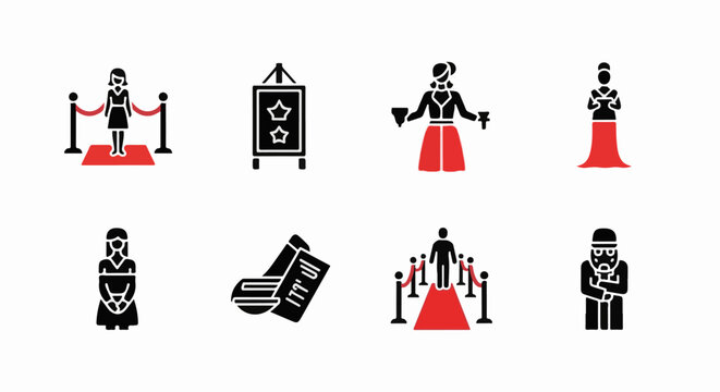 Red carpet event icons celebrity arrival, awards display, VIP entry, and paparazzi presence