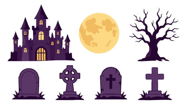 Halloween vector set with haunted castle, moon, tree and gravestones