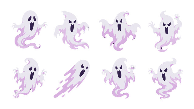 Set of cute purple ghost characters on white background