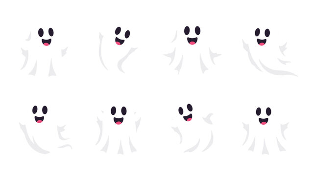 Set of cute smiling ghost cartoon characters in white