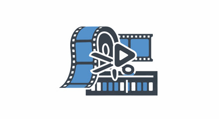 Fototapeta premium Stylized icons represent film editing scissors, play button, and film strips