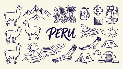 Fototapeta premium peru travel culture heritage pattern, iconic peruvian historic landmark background, traditional peru landscape life illustration, south american culture travel souvenir print, historic mountain landsc