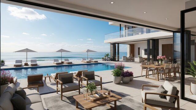 Luxury villa terrace with infinity pool and ocean view.