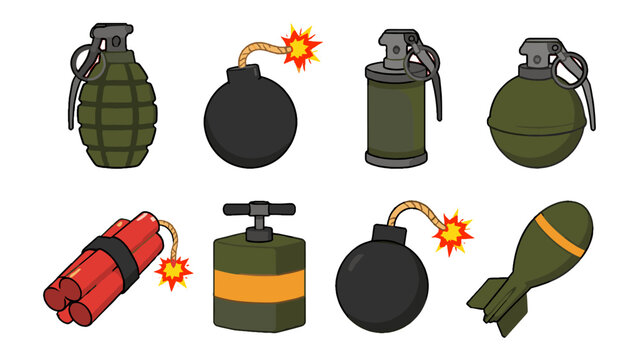 Set of cartoon explosive devices and hand grenades