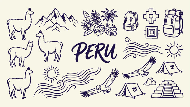 peru travel culture heritage pattern, iconic peruvian historic landmark background, traditional peru landscape life illustration, south american culture travel souvenir print, historic mountain landsc