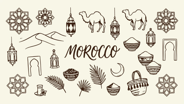 morocco travel culture heritage pattern, iconic moroccan historic landmark background, traditional morocco bazaar life illustration, african culture travel souvenir print, historic desert landscape ar