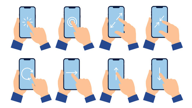 Set of smartphone touch screen gesture icons with hands