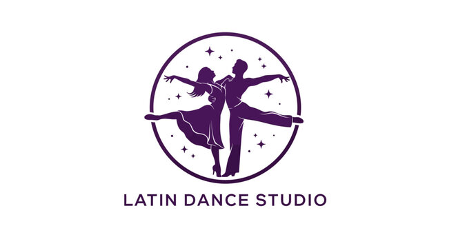 Elegant graphic logo featuring a dancing couple silhouette within a starry circle, symbolizing a vibrant studio for rhythm, movement, and passionate dance arts