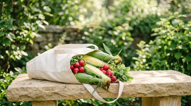 Canvas bag filled with fresh corn and red radish on stone bench. Eco friendly shopping concept. Organic harvest from garden. Sustainable lifestyle and healthy food background.