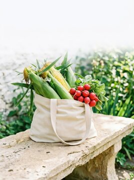 Canvas tote bag filled with fresh raw corn and organic radish on stone bench. Sustainable shopping with healthy farm vegetable. Eco-friendly lifestyle and harvest produce concept.