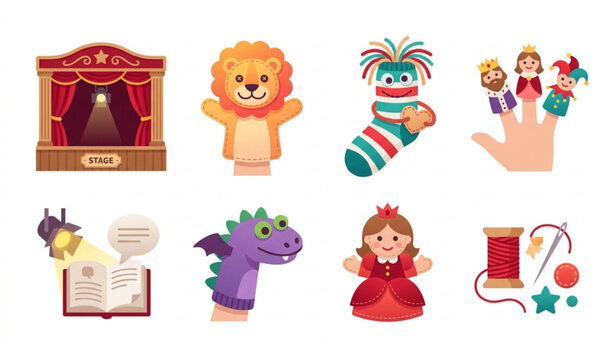Theater Hand Puppets and Creative Sock Dolls Stage Vector Icons